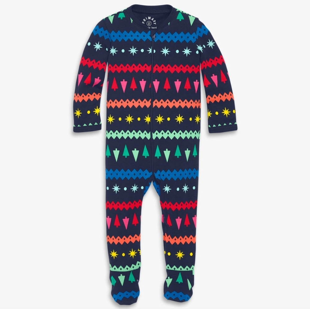 Primary Organic Zip Footie in Navy Festive Fair Isle (0-3M)